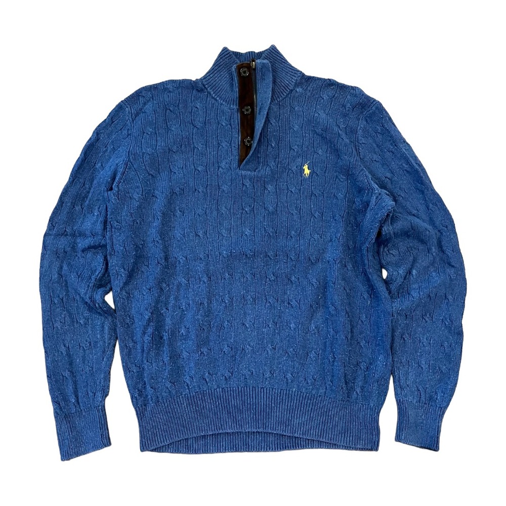 Polo Ralph Lauren Tussan Silk Cable Knit Mens Quarter Zip Sweater Blue L